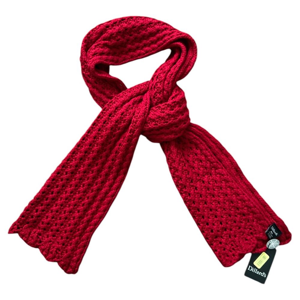 Dillard's Red Crochet Scarf Shawl, 64"x13"